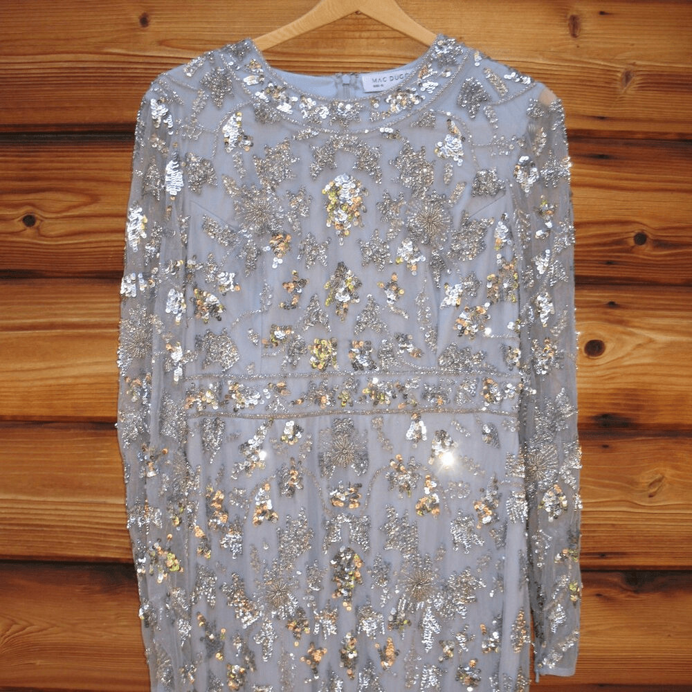 MAC DUGGAL 93939 Womens High Neck Long Sleeve Embellished Column Gown Dress Blue