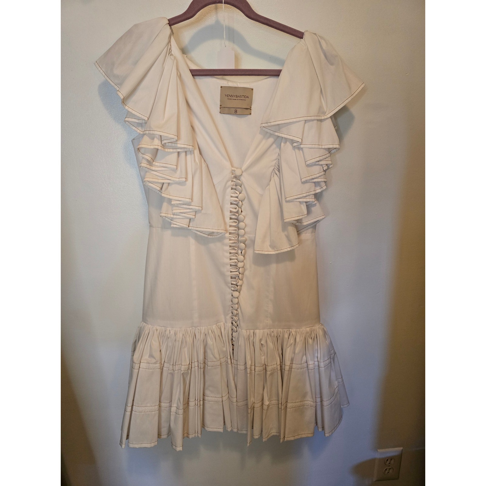 Yenny Bastida White Ruffle Sleeve Button Front Mini Dress Size 8 Handcrafted
