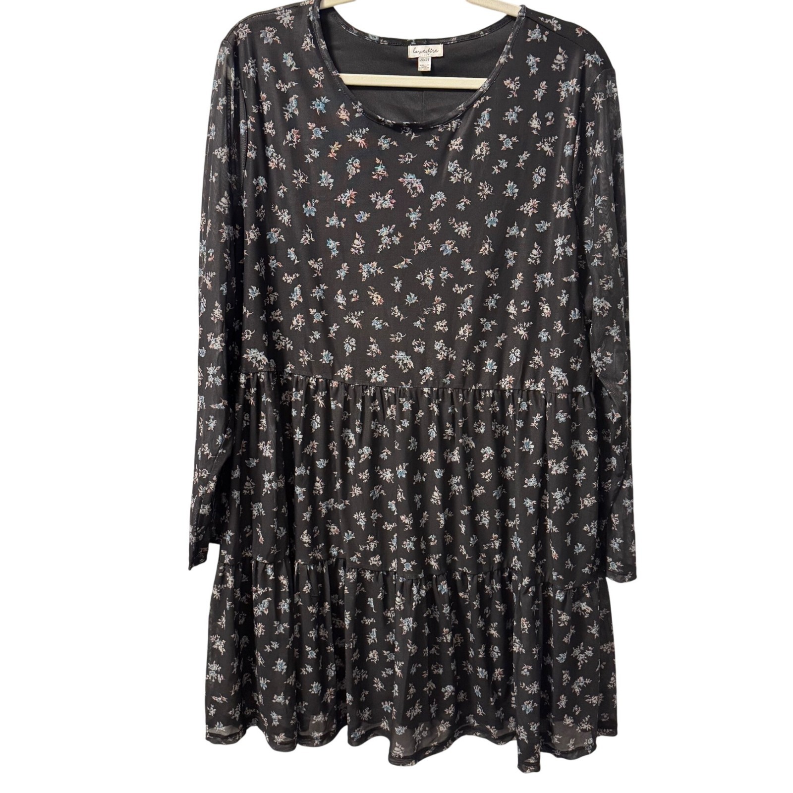 Love Fire Womens Floral Tiered Long Sleeve Dress Sz 2X Black/White Polyester Ble