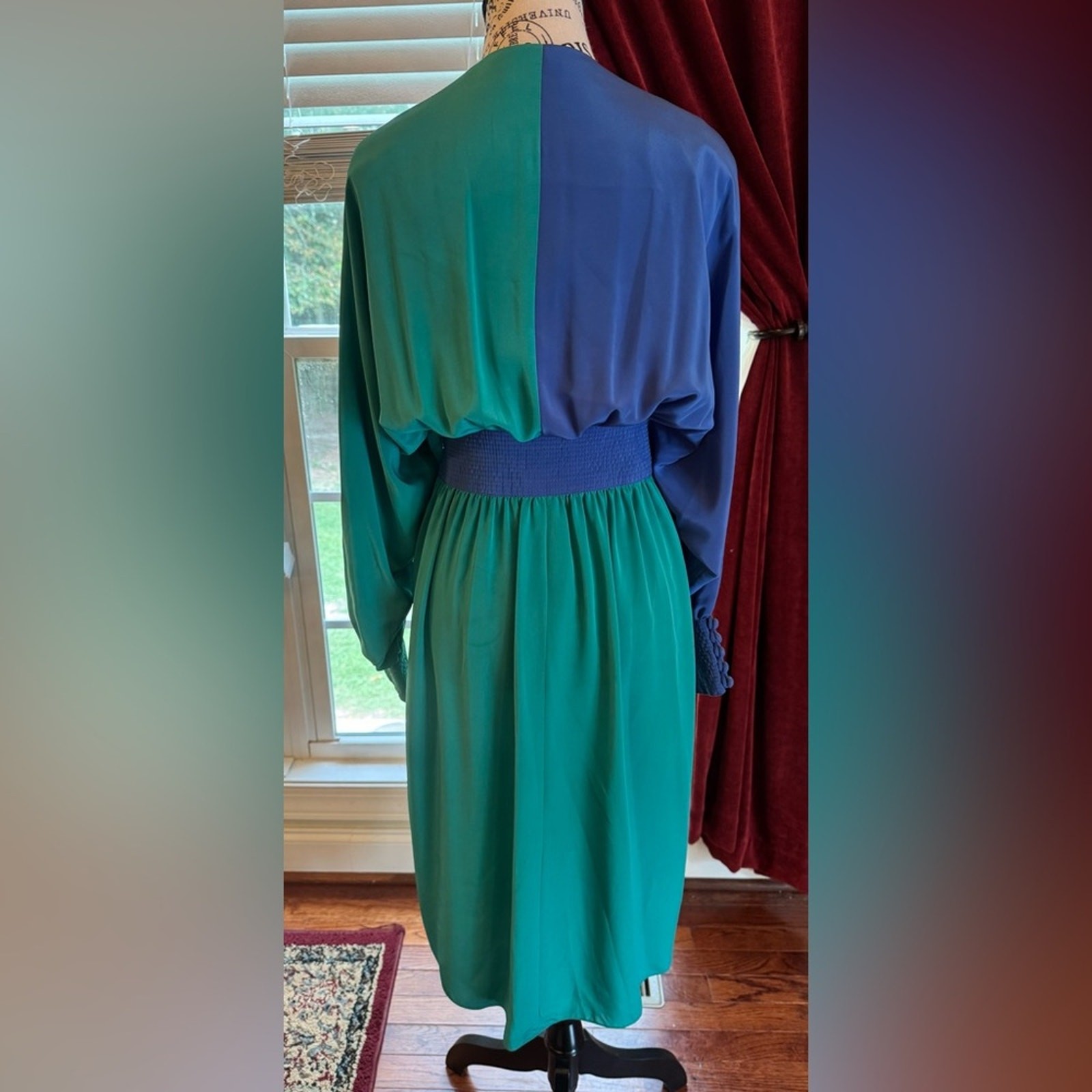 Adele Simpson Vintage Color Block Bat Wing Dress Blue Green Flowy Long Sleeve 8
