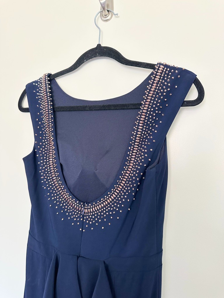 Xscape Beaded Ruffle Trumpet Hem Gown Navy Blue Mother of Bride Plunge Women’s 6