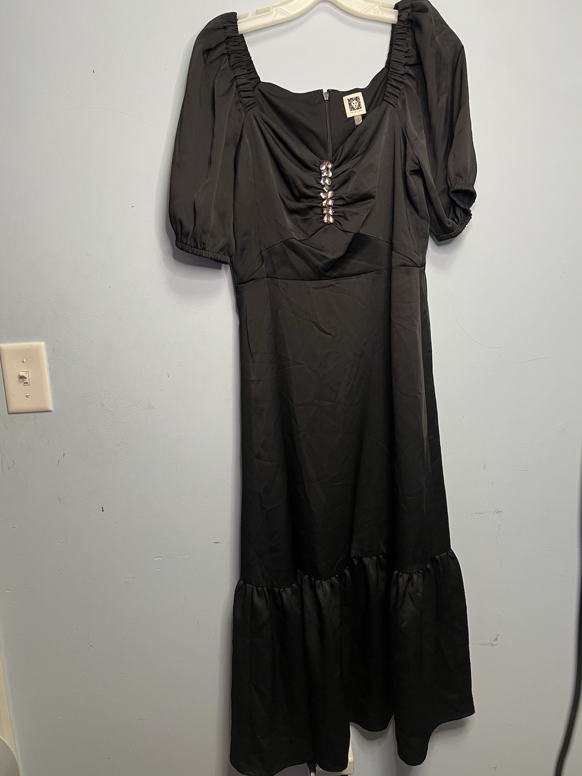 Anne Klein Size 8 Black Jewel Accent Puff Sleeve Midi Dress Ruffle NEW