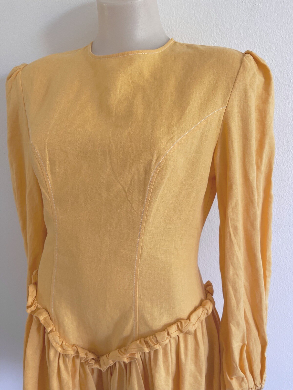 LEO LIN Mini Dress Yellow Pastel Orange Cotton Linen balloon Sleeves SZ AU 10 M