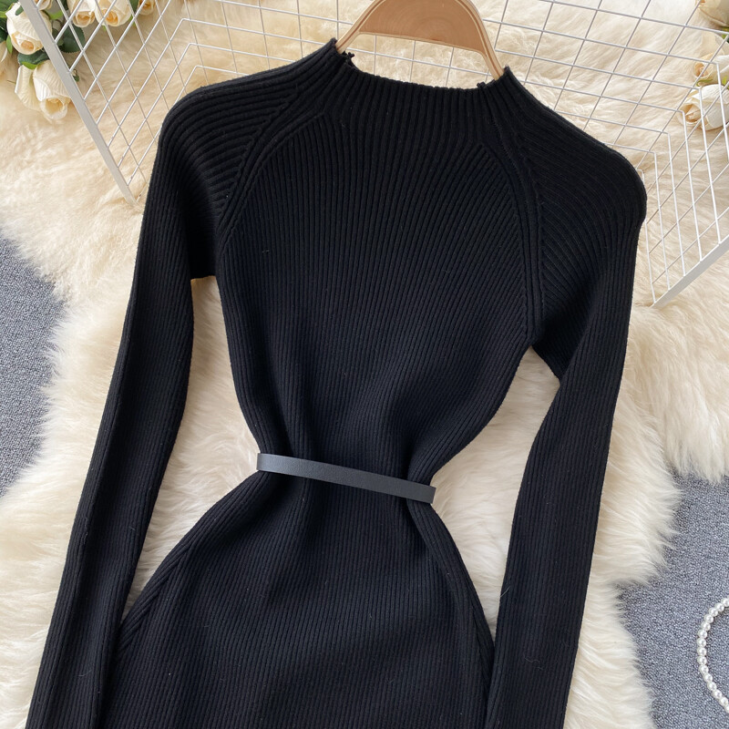 Lady Slim Knitted Midi Dress Pleated Black Long Sleeve Swing Gradient Casual
