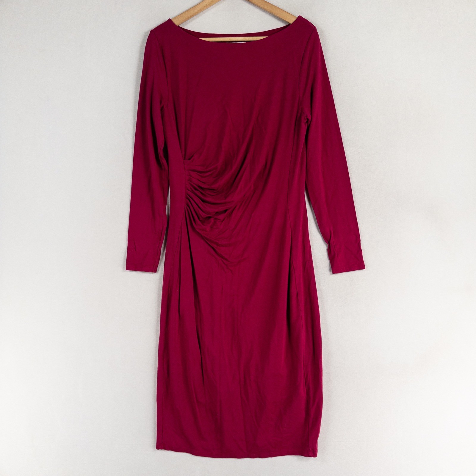 Boden Dress 12 LONG Raspberry Red Stretch Knit Lined Pleated Long Sleeve Sheath
