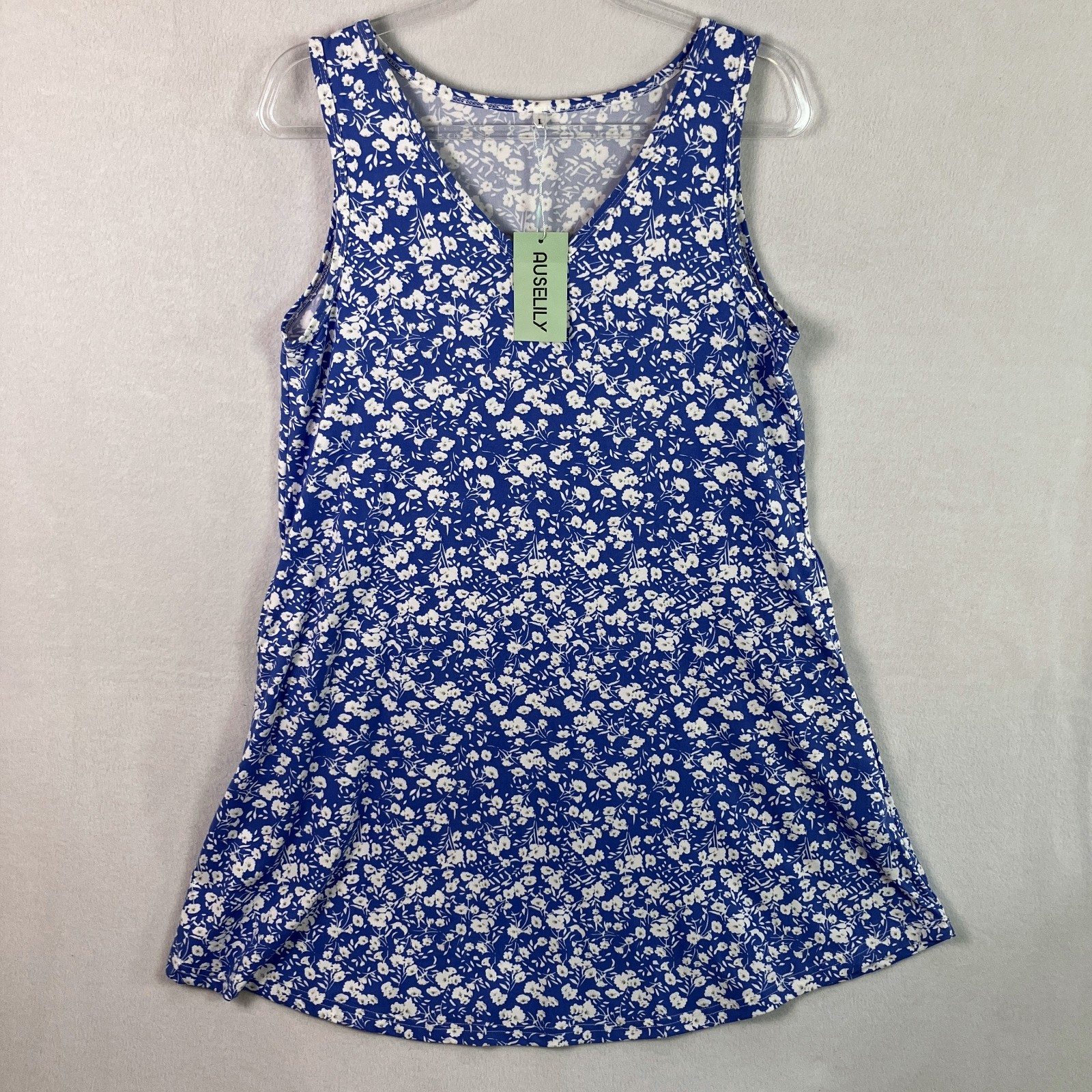 Auselily Sleeveless V-Neck Swing Tank Dress Women’s Size L Blue Ditsy Floral NWT