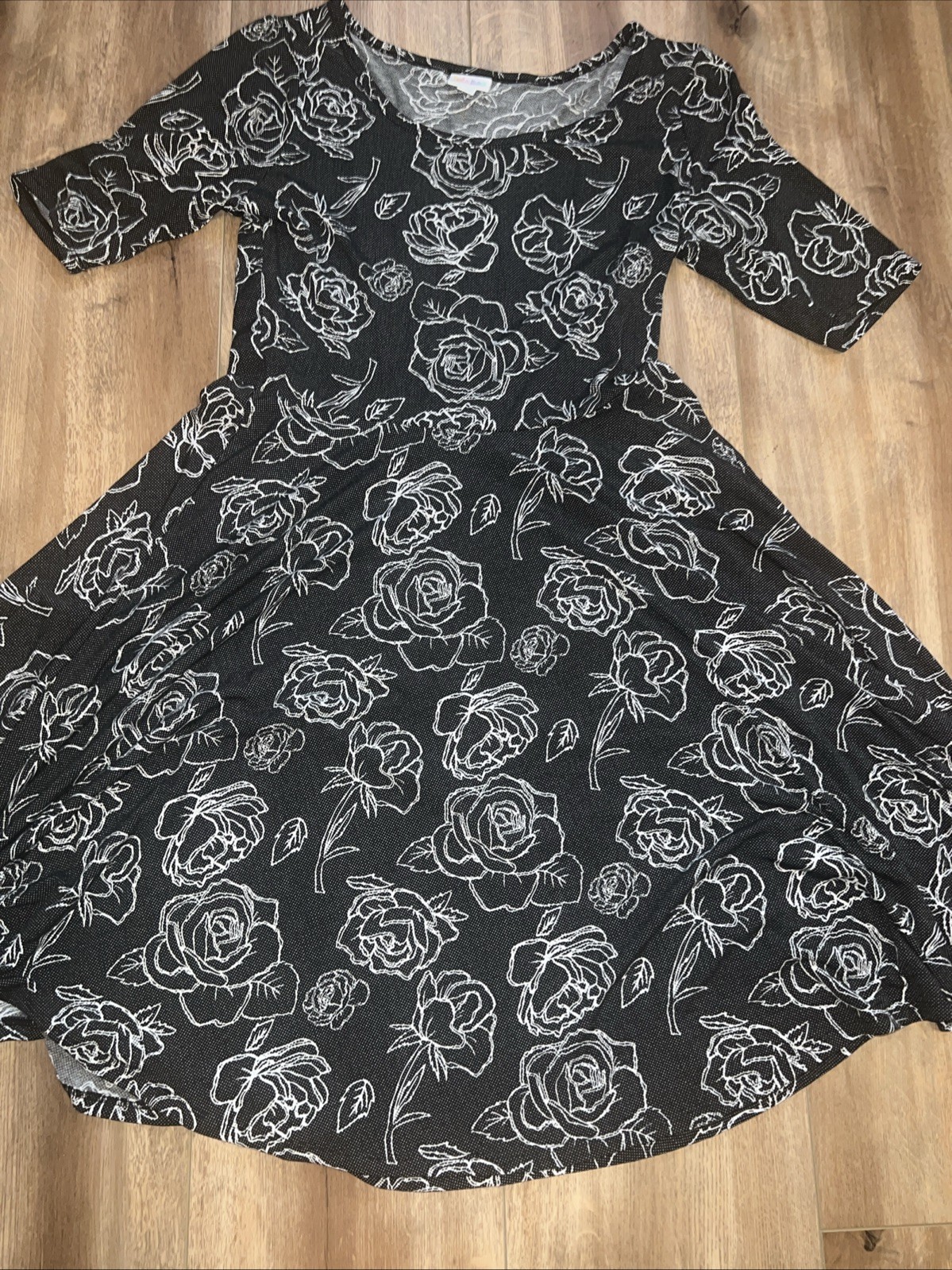 Lularoe Nicole Dress Black White Dots Tattoo Roses 2XL 22/24 20/22 2X Vintage ❤️
