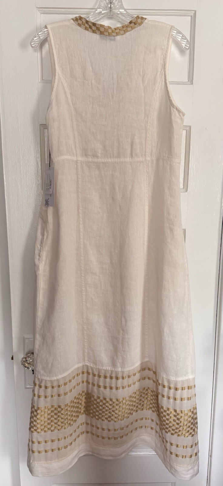 Haris Cotton 100% Linen Tiered Maxi Sleeveless Dress Medium Gold Embroidered New