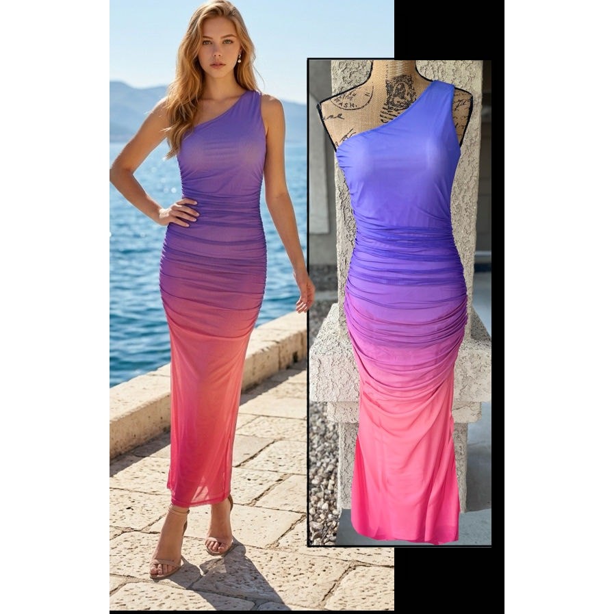 Petal & Pup Dakota One Shoulder Midi Dress Purple Gradient Size: M NEW