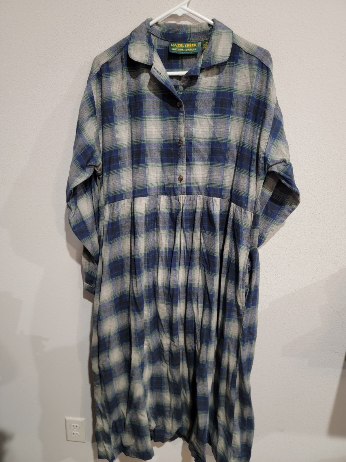Hazel Creek Maxi Dress Blue plaid Soft flannel long sleeves Vintage Sz. L