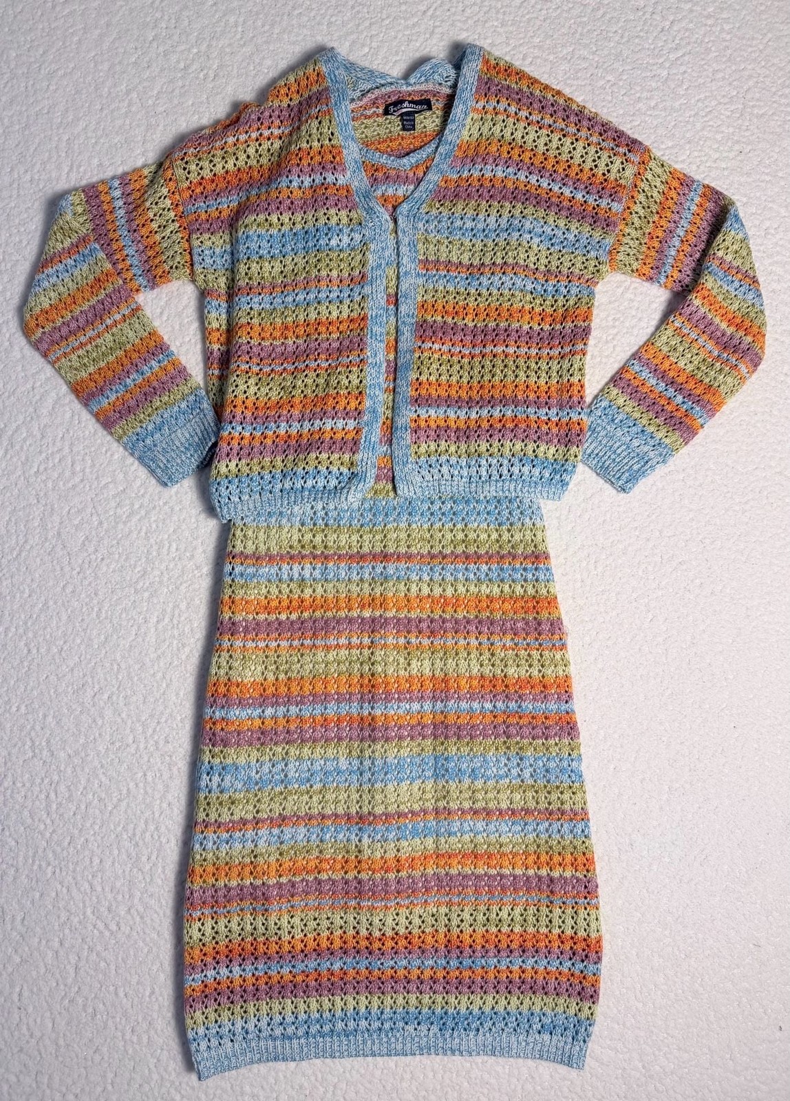 Freshman 1996 Size M (8/10) Striped Crochet Cardigan and Cami Dress Set