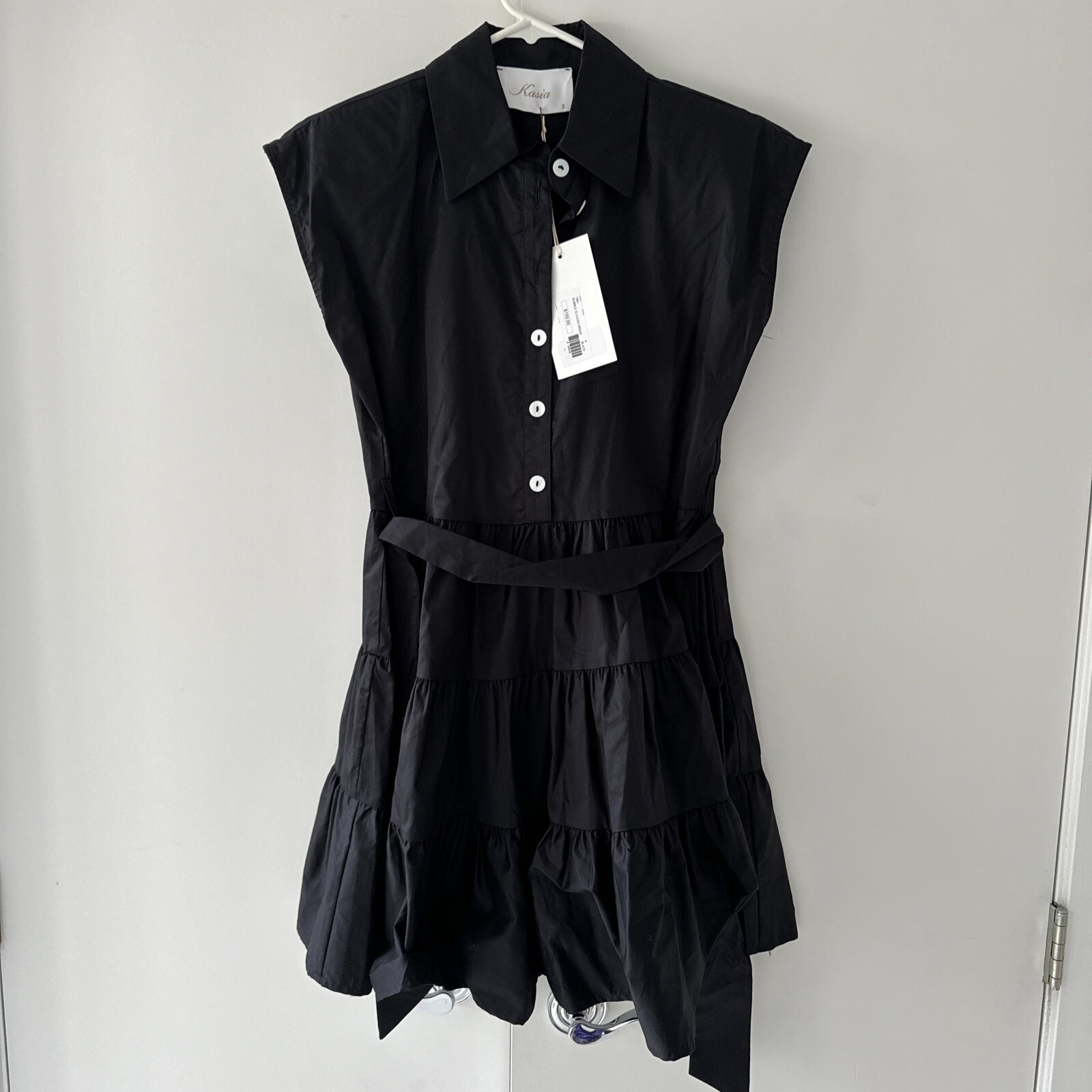 NWT $155 KASIA Bubble Ruffled Black Mini Dress Made In Greece SMALL Designer