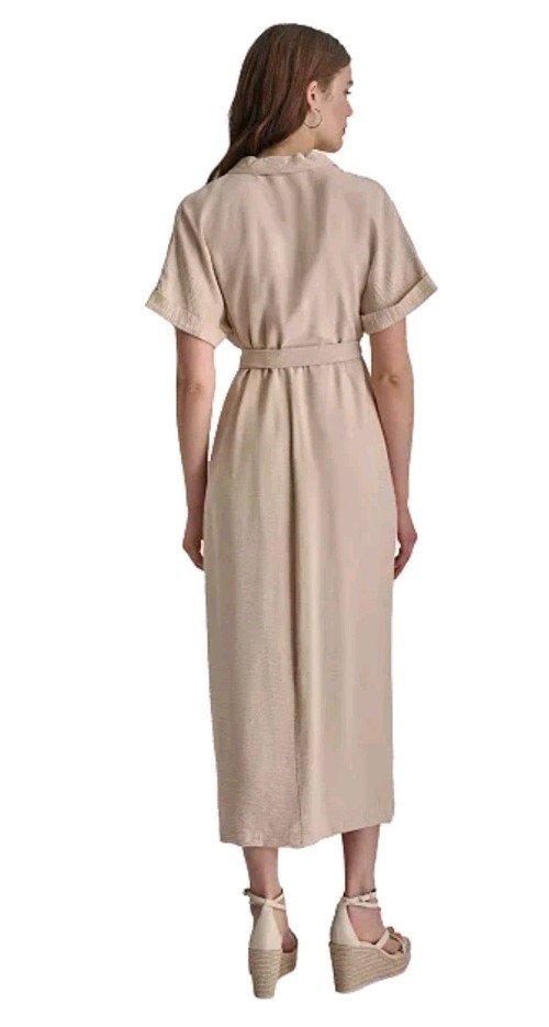 NWT DKNY Donna Karan Cotton Collared Button Belt Midi Shirt Dress Sz 14 Beige