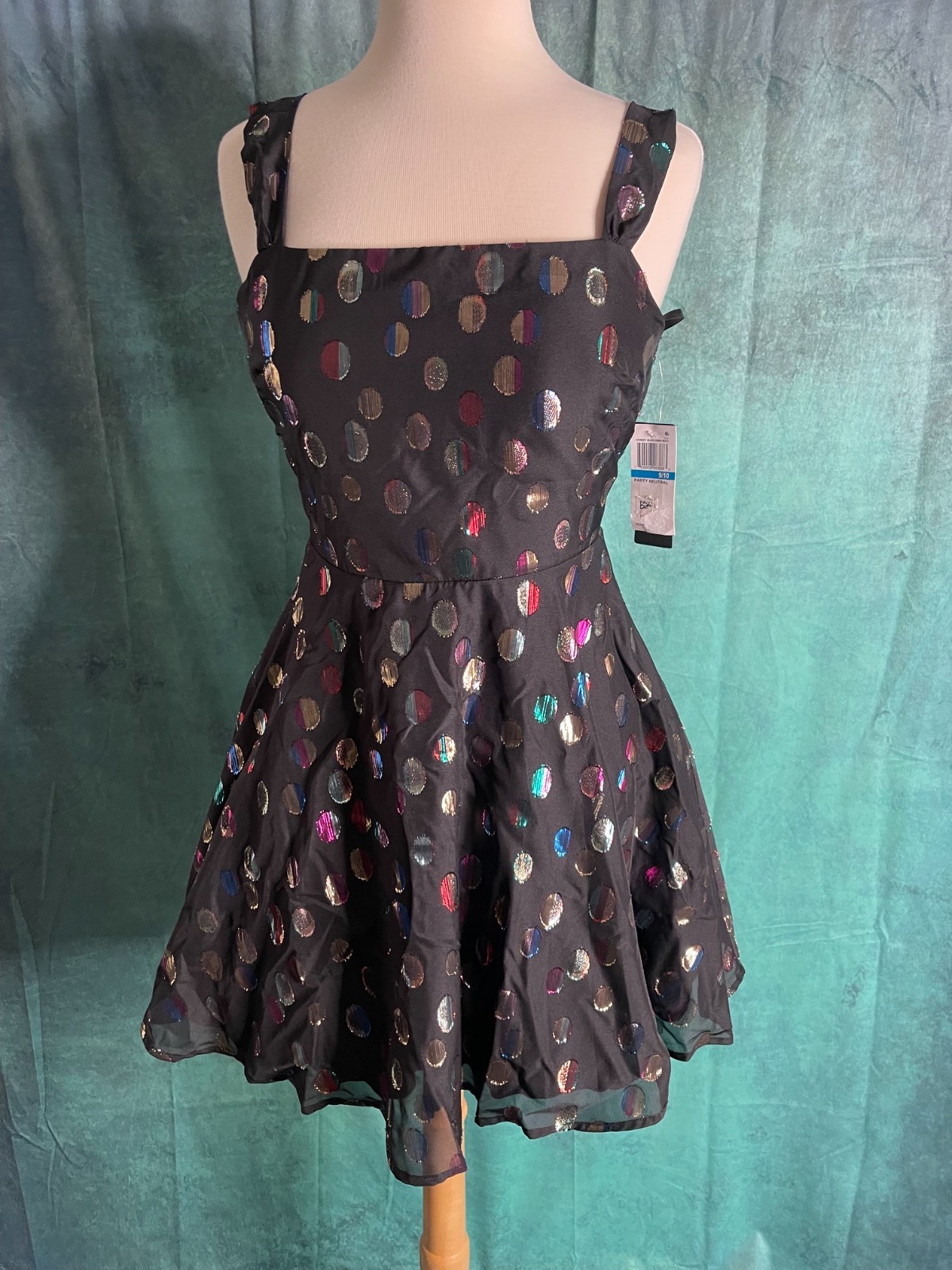City Studio Juniors 11/12 Metallic Multicolor Polka Dot Tie Back Dress NWT
