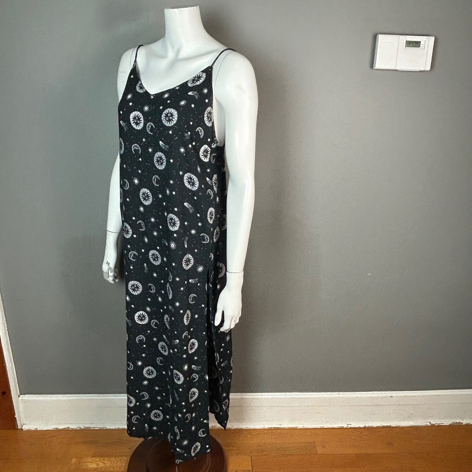 VTG Celestial Witchy Slip Dress Large Motel Black Moon Stars Maxi 90s Open Back