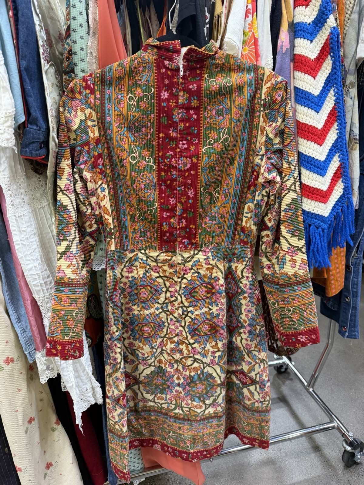 Vintage Women’s Multicolor Floral Overall Dress S/M Knee Length High Neck