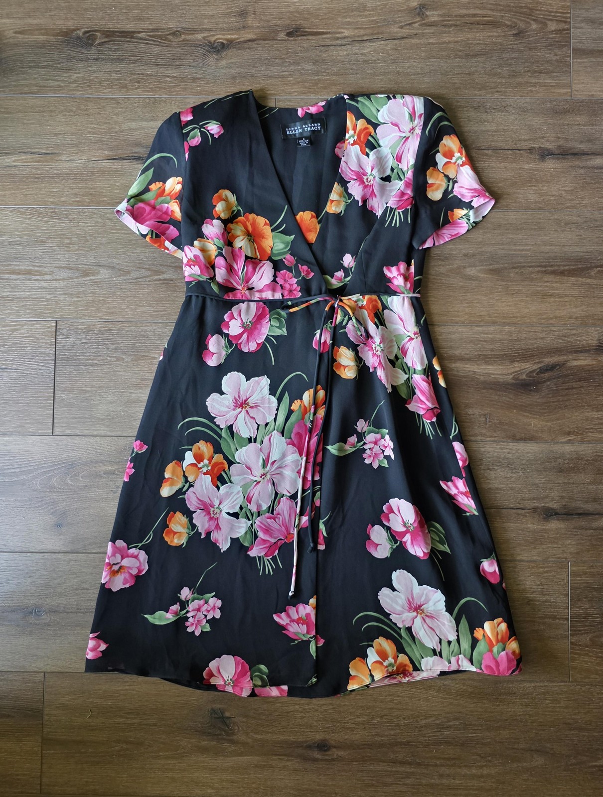 EUC Linda Allard Ellen Tracy Dress Womens 4 Black Floral Silk Wrap Knee Length