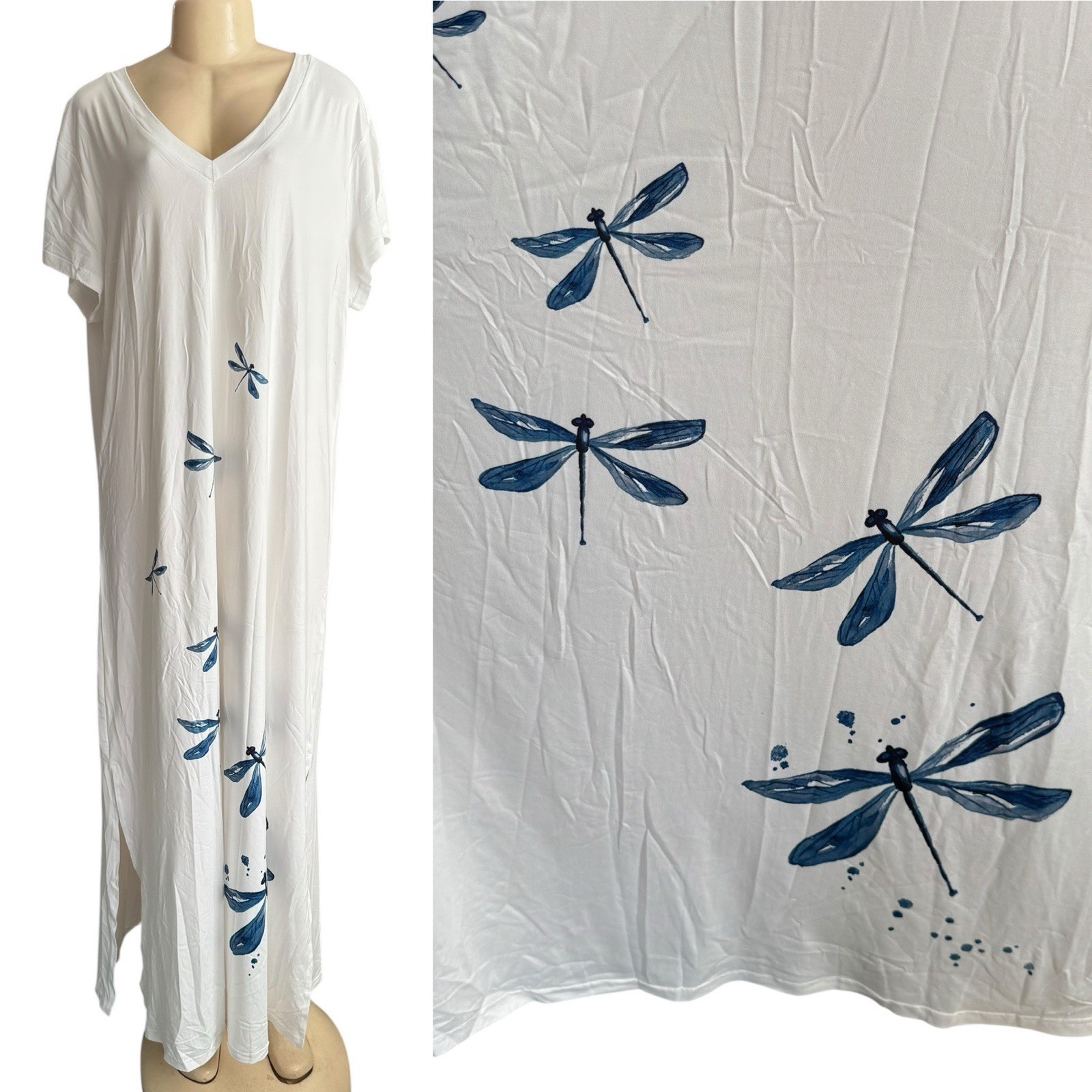 New NORACORA Women Jersey Maxi Dress White Whimsy Dragonfly Lagenlook V-Neck XXL