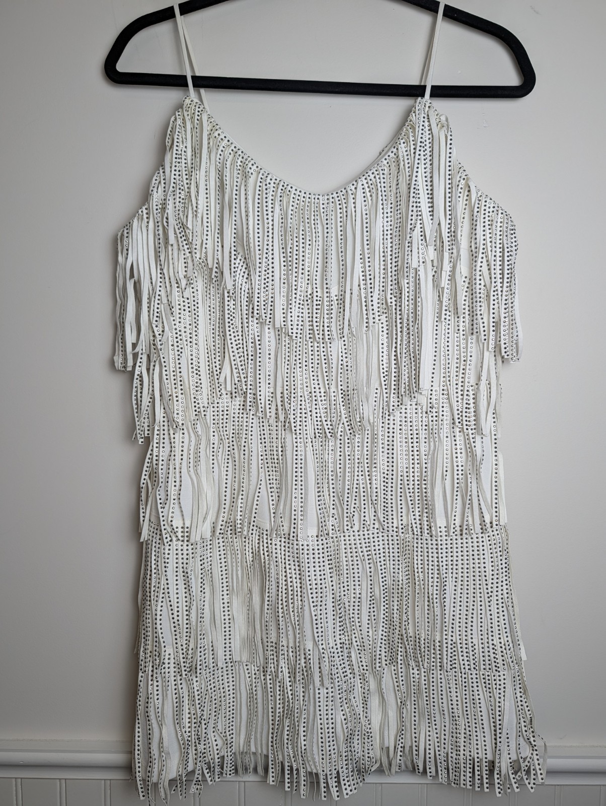 NYLON APPAREL Rhinestone Fringe Dress White Spaghetti Strap Party Festival Sz M