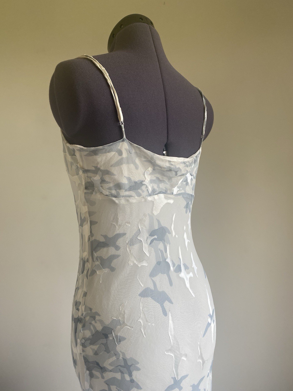 4LoveAndLiberty Small Off White Silk Devore Bird Dove Print Cascading Maxi Dress