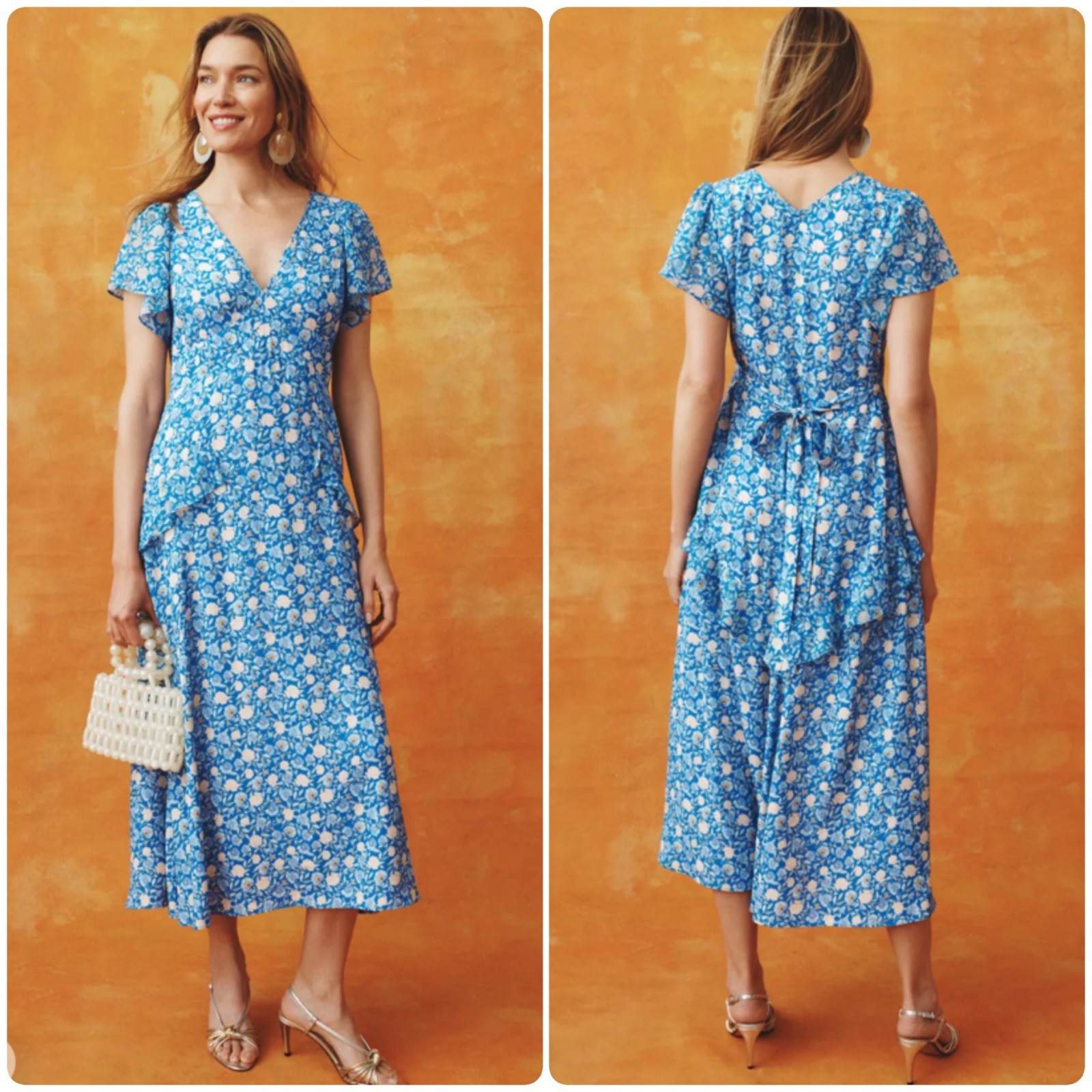 RIXO x RTR Evie Blue Floral Midi Dress Tagged Large Fits Small