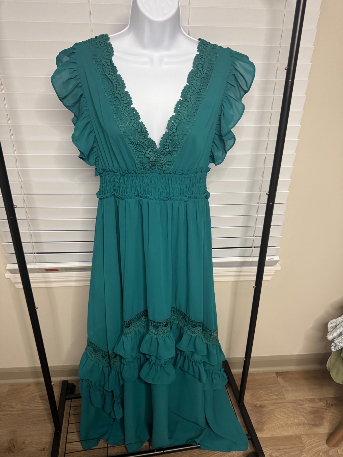 NWT Baltic Born Jade Teal Crochet Lace Tiered Ruffle Maxi Dress Large Formal
