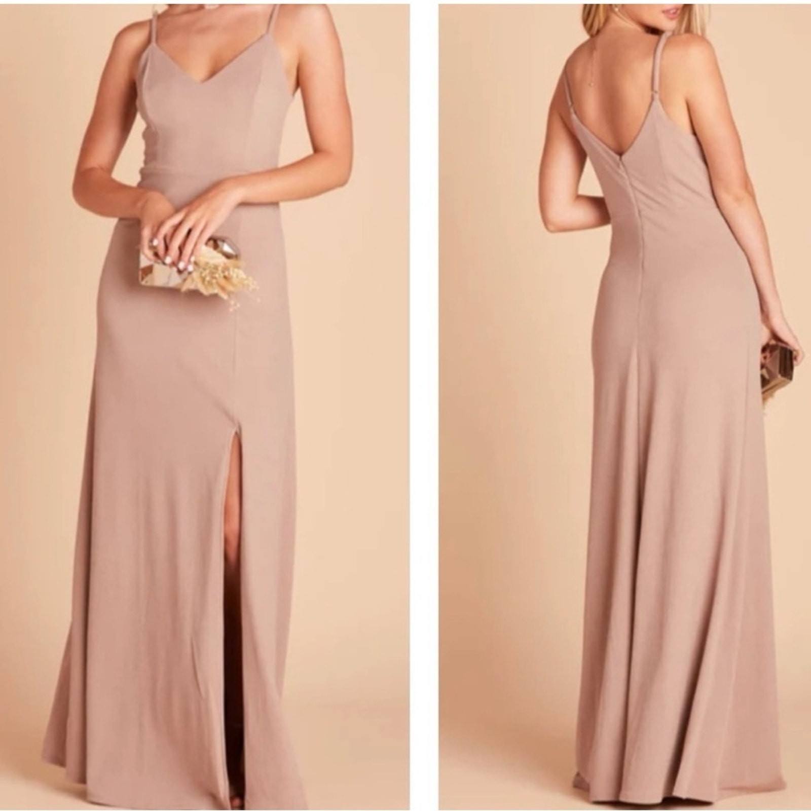 BIRDY GREY JAY CREPE GOWN TAUPE V Neck Side Slit Lined Size XL Wedding Prom