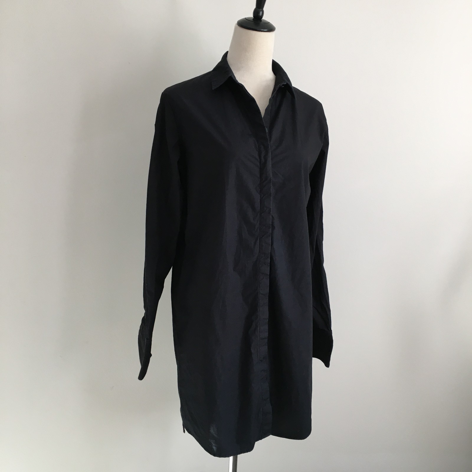 T by ALEXANDER WANG Black Rounded Hem Hidden Button Shirt Dress Womens sz Medium