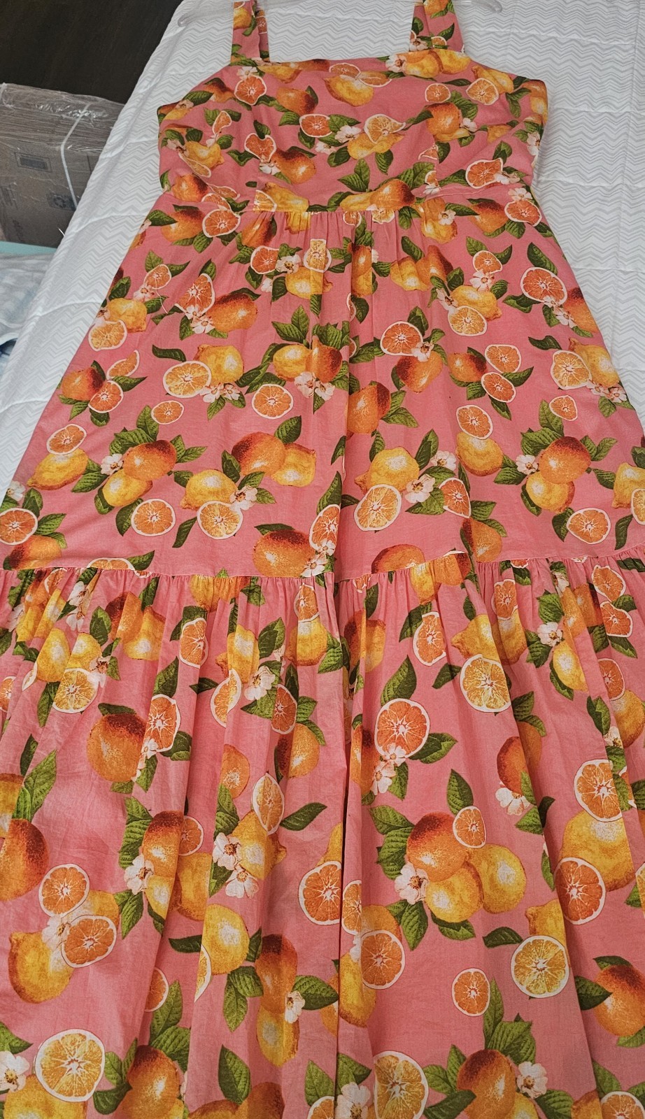 Talbots Pink Lemons Oranges Tiered Sleeveless Cotton Maxi Dress Sz 14w Vacation