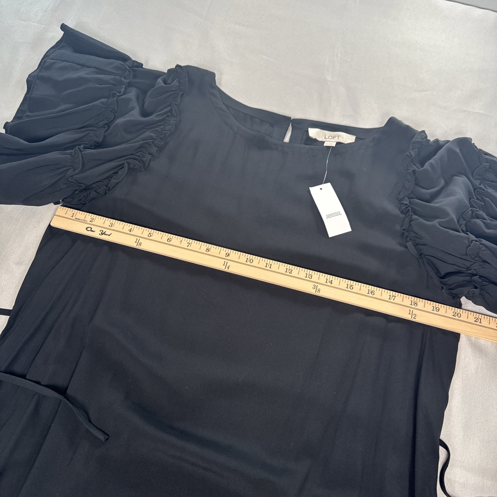 NWT LOFT Solid Black Ruffle Sleeve Tie Dress Size Medium At The Knee LBD Dressy