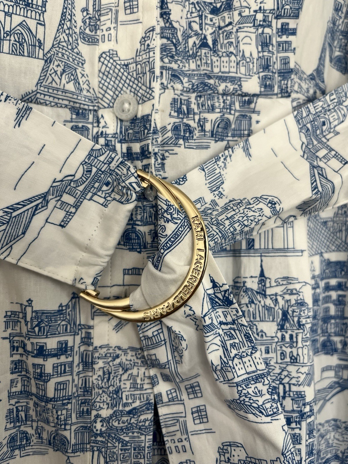 Karl Lagerfeld Paris White/Blue Toile Belted Shirt Dress Pockets 3/4 Sz 4