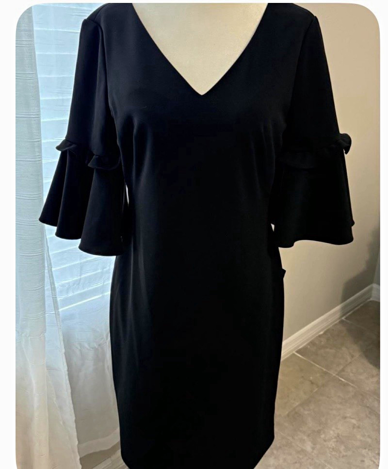 Lauren Ralph Lauren Black Solid Sheath Dress V-Neck Ruffle Flared 3/4 Sleeve 4
