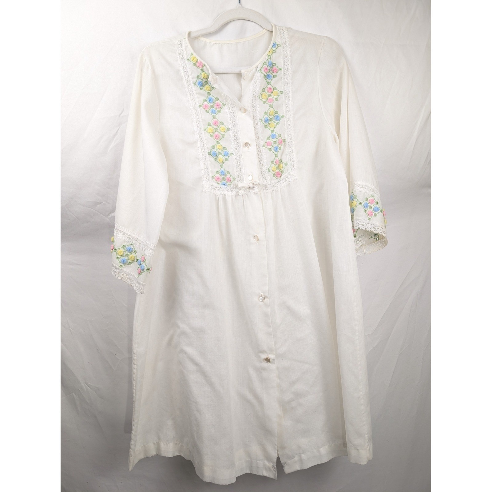 Vtg Floral Embroidered Lace Button Shift Dress Size M White Prairie Cottagecore