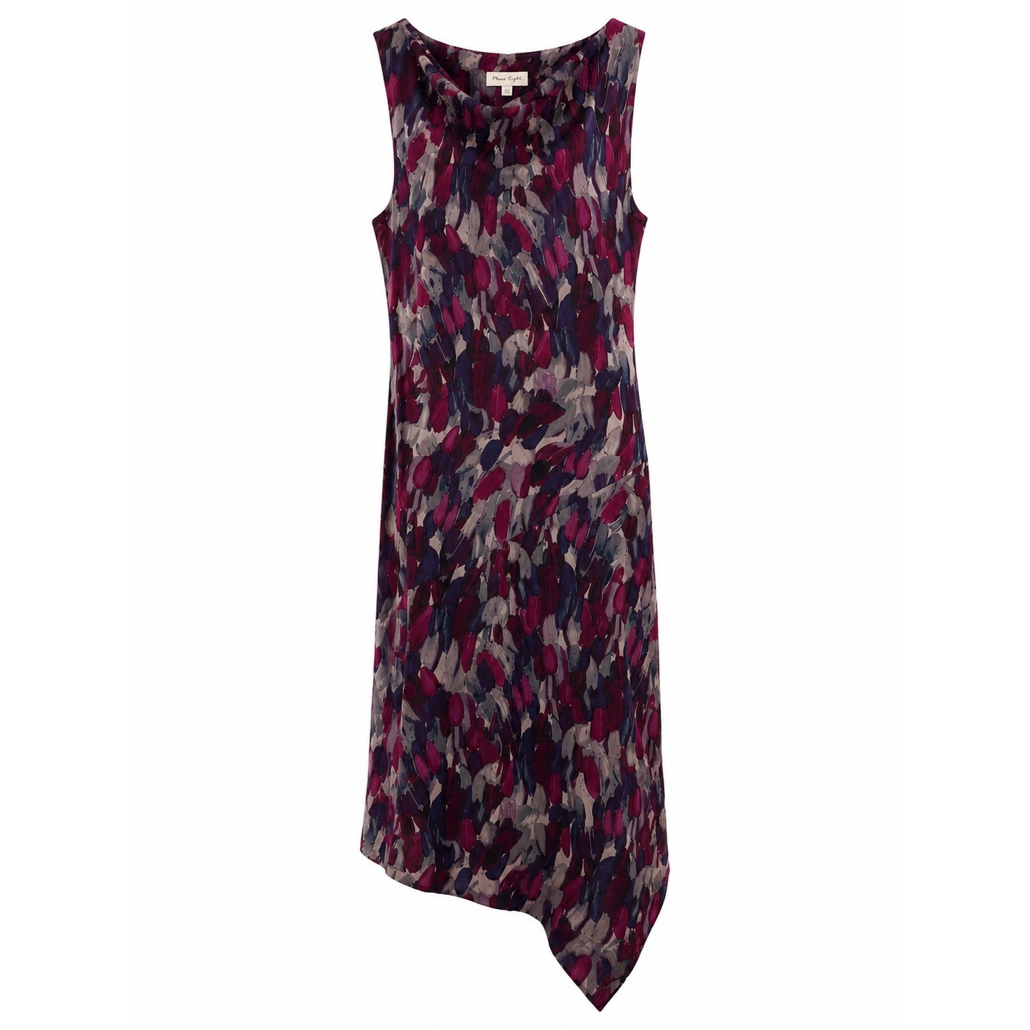 Nine Britton Plum Abstract Brushstroke Cowl Neck Asymmetrical Midi Dress LP