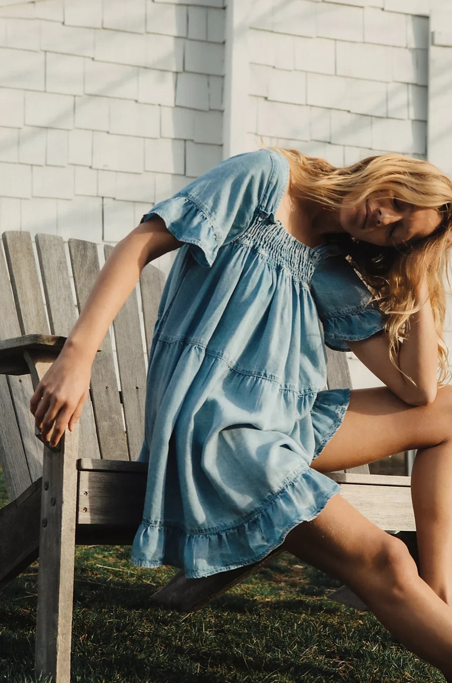BNWT Free People Sadie Tunic Mini Dress Sz Medium, Blue Chambray