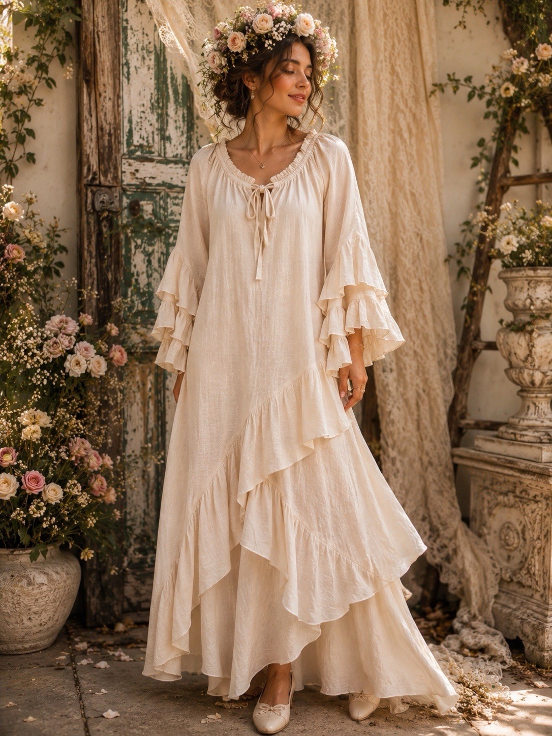 Ivory Ethereal Billowy Ruffle Sleeve Tiered Fairy Hem Maxi Dress Small/Med Boho