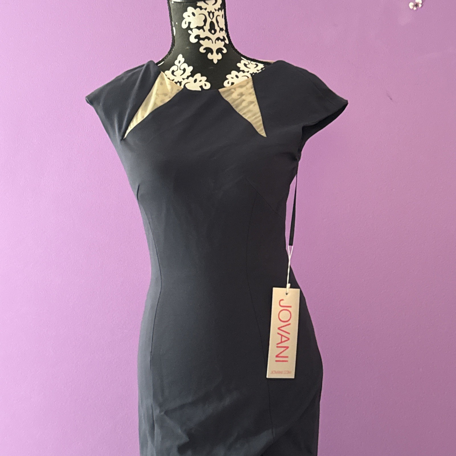 New Jovani Sz 4 Dress Gown Navy Cap Sleeves Maxi Prom Bridesmaid Women