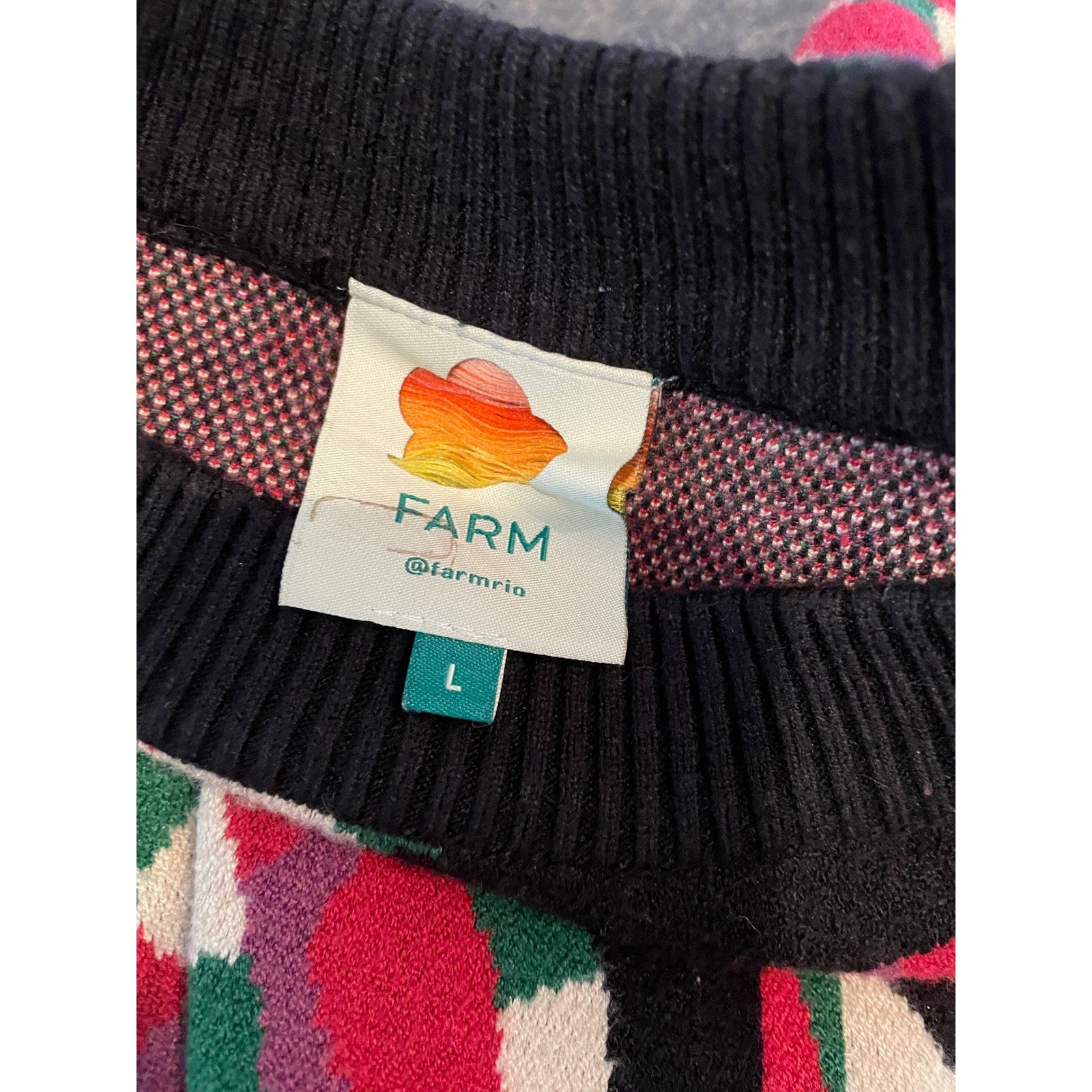 Farm Rio Banana Knit Midi Sweater Dress Black Multi Bishop Sleeve Size L