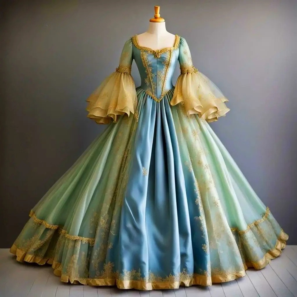 Vintage Victorian Prom Dresses Long Flare Sleeves Satin Appliques Evening Gowns