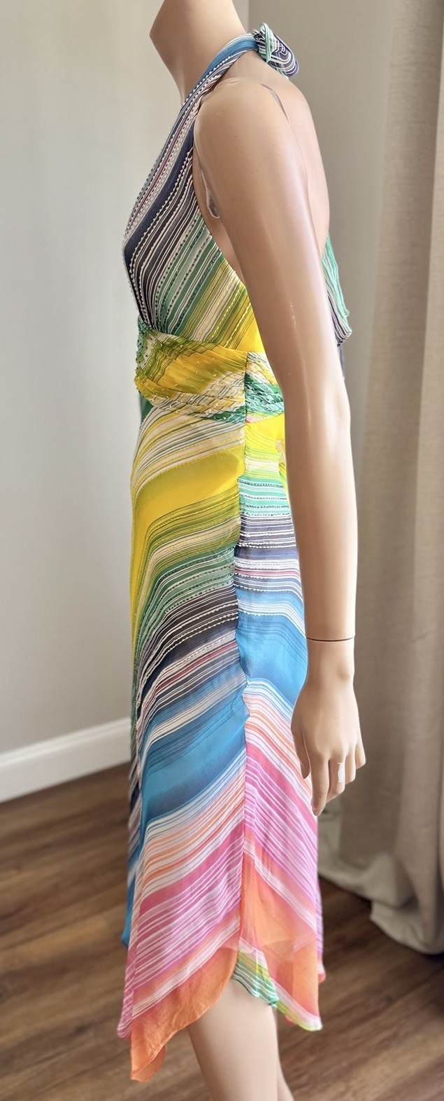 BCBGMAXAZRIA Silk Beaded Rainbow Halter Dress Sz 8 Asymmetrical Y2K Vintage Rare