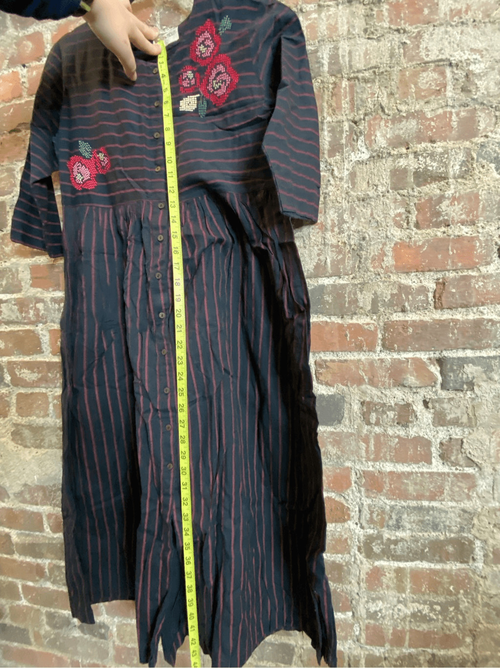 Bombay Paisley Dark Blue Red Stripe Floral Embroidered Button Down 3/4 Sleeve Mi