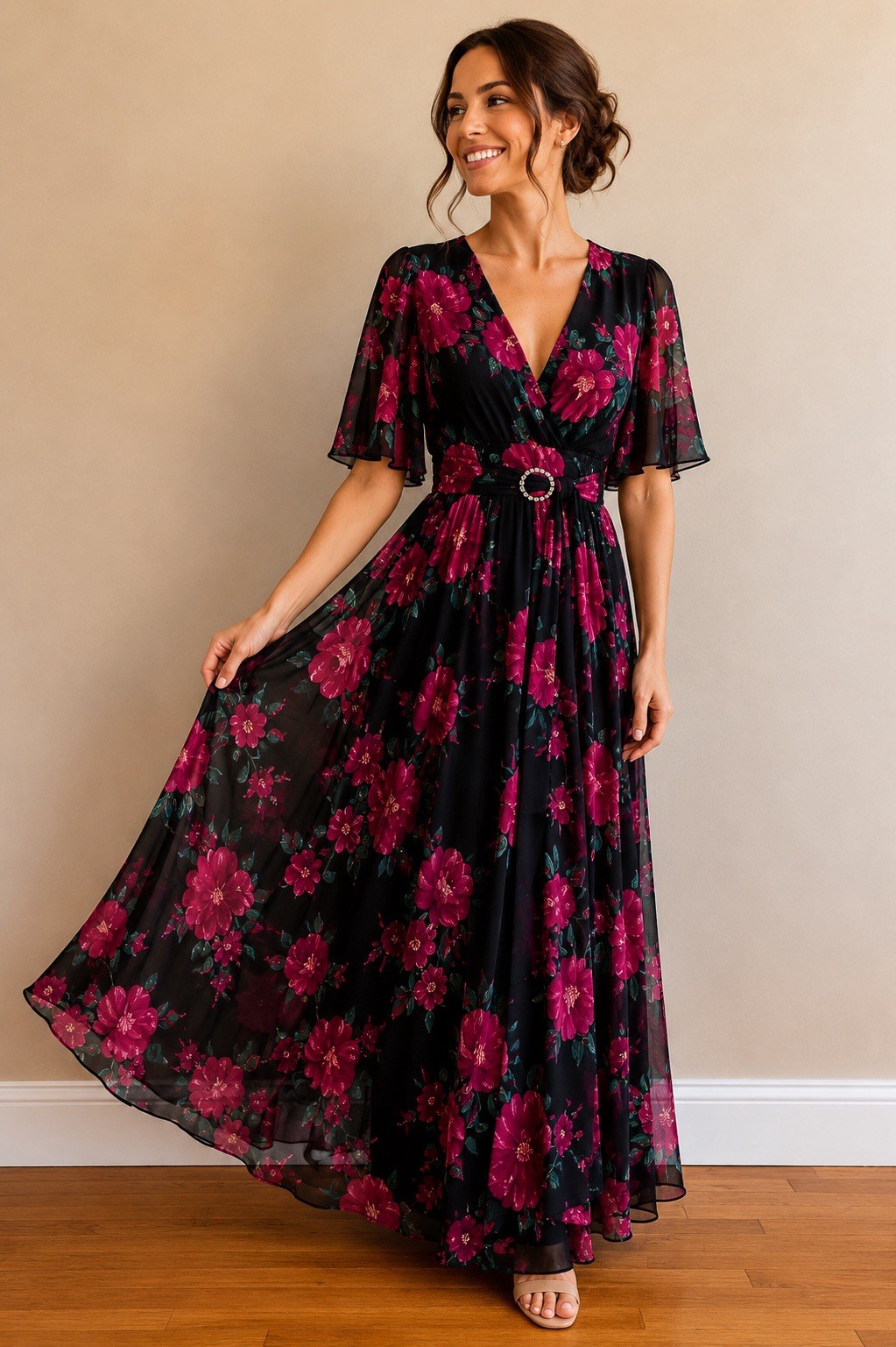 Alexa B Nites Black/Pink/Green Floral Chiffon V-Neck Wrap Maxi Dress 14W