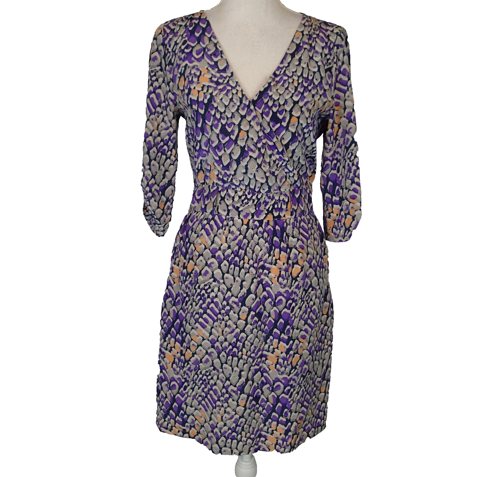 Presley Skye Dress xs Gray Purple Wrap Silk Roll Tab Sleeve v neck pockets
