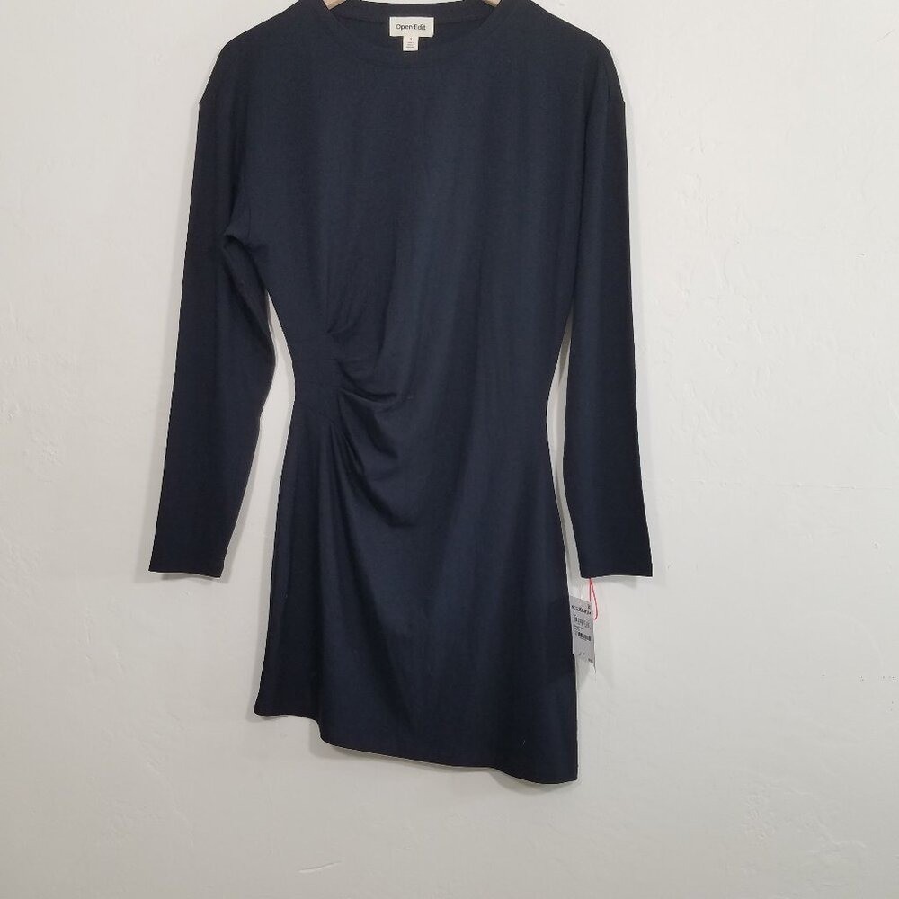 NWT Open Edit Gathered Long Sleeve Asymmetric Hem Mini Dress Black Stretch S