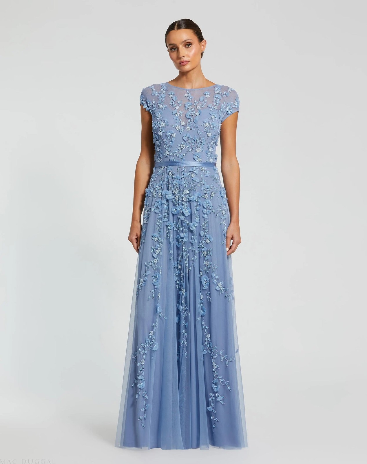 Mac Duggal 14521 Blue Floral Embellished Cap Sleeve Gown Sz 10 NEW