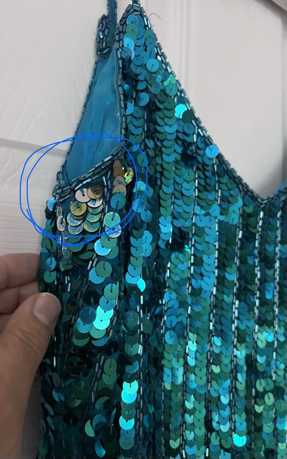 Vtg Silk Hand Beaded Sequin Fringe Cocktail Dress Teal Peacock Blue Y2K M