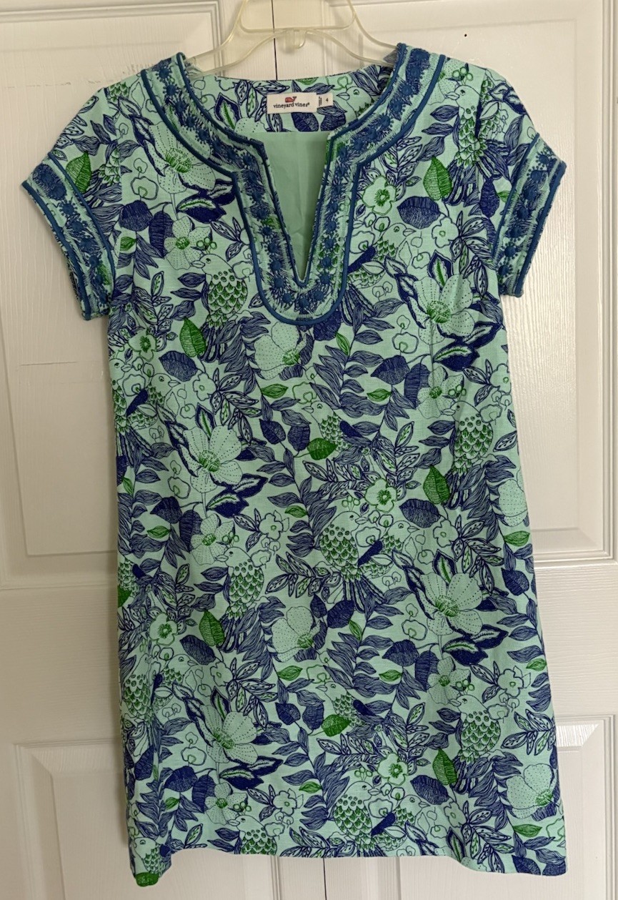 Vineyard Vines Blue Linen Blend Cordia Floral Bird Embroidered Tunic Dress Sz 4