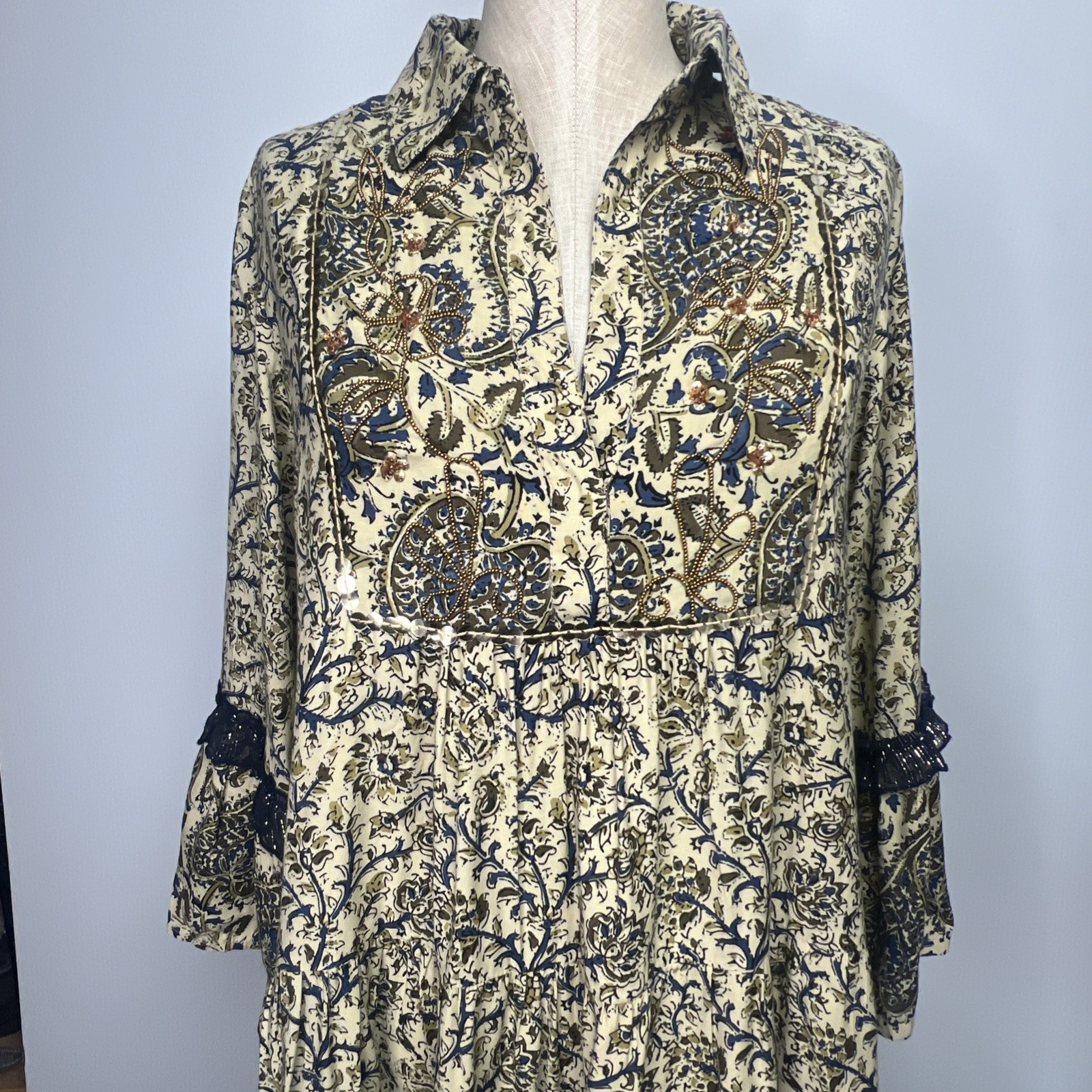Miss June Paris Luxe Boho Paisley Embellished Bell Sleeve Tunic Dress L