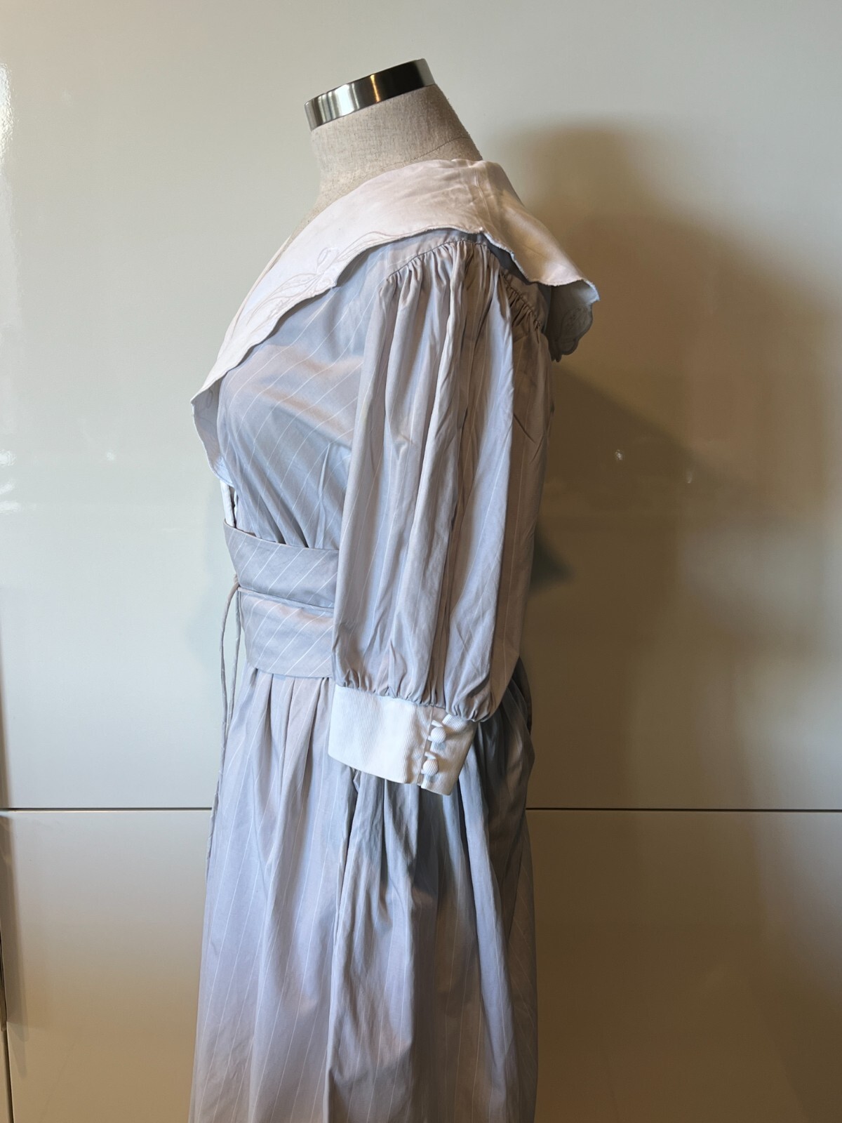 PRUE ACTON Vintage 70s Grey/White Stripe Collared, Cotton Dress 8-10AUS/4-6US