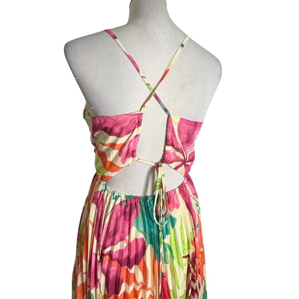 Flying Tomato Tropical Print Pleated Midi Dress Size S Open Back Vacation Beach